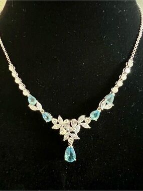ATI Thailand 925 Sterling Silver Blue & Clear CZ Floral Choker Necklace NWOT